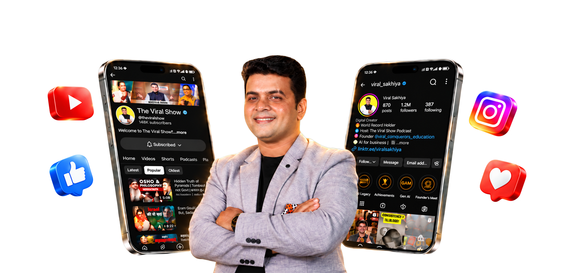 Viral Sakhiya between phone screens of The Viral Show YouTube channel and the viral_sakhiya Instagram profile