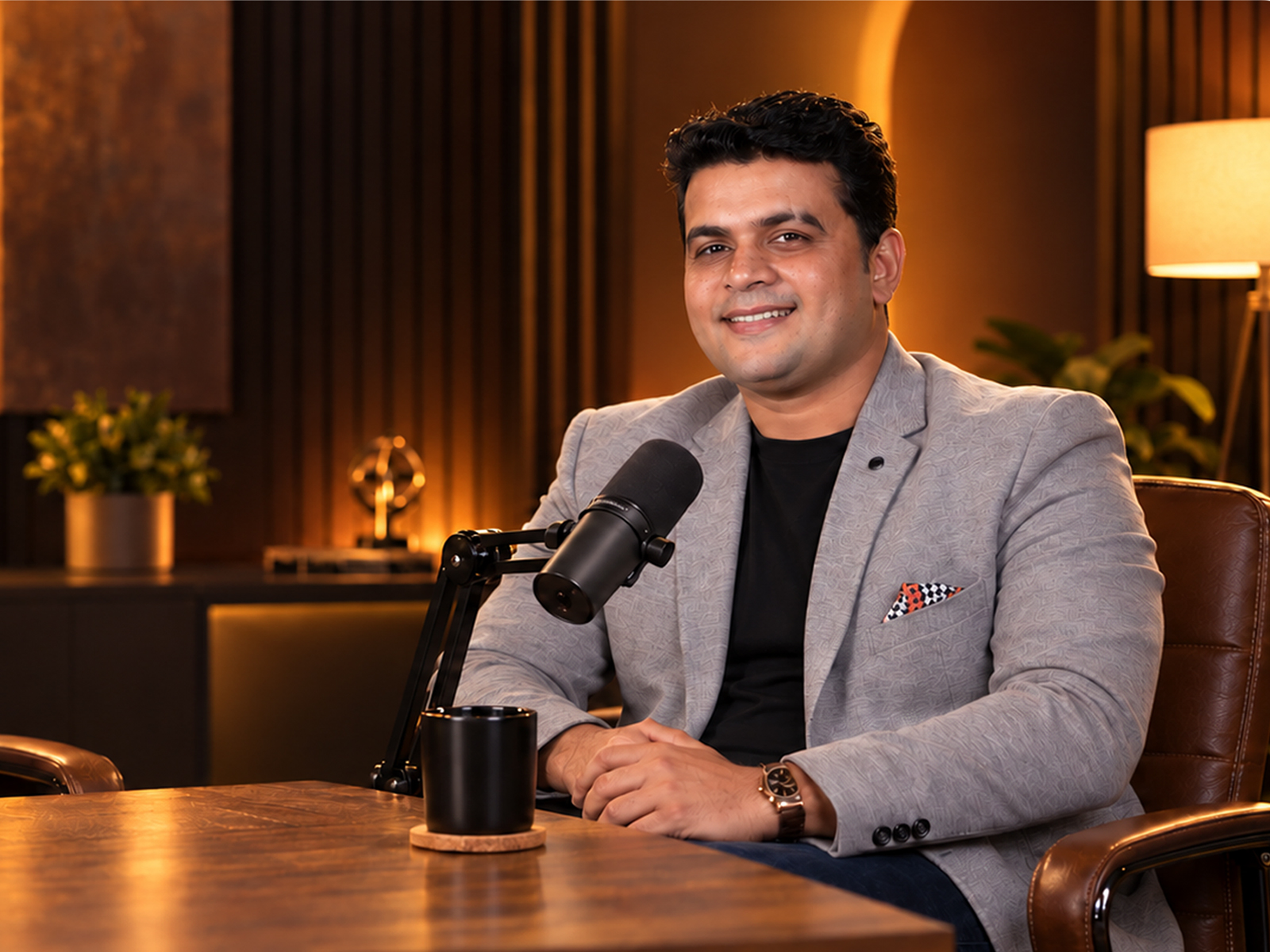 Viral Sakhiya at The Viral Show studio desk with podcast microphones